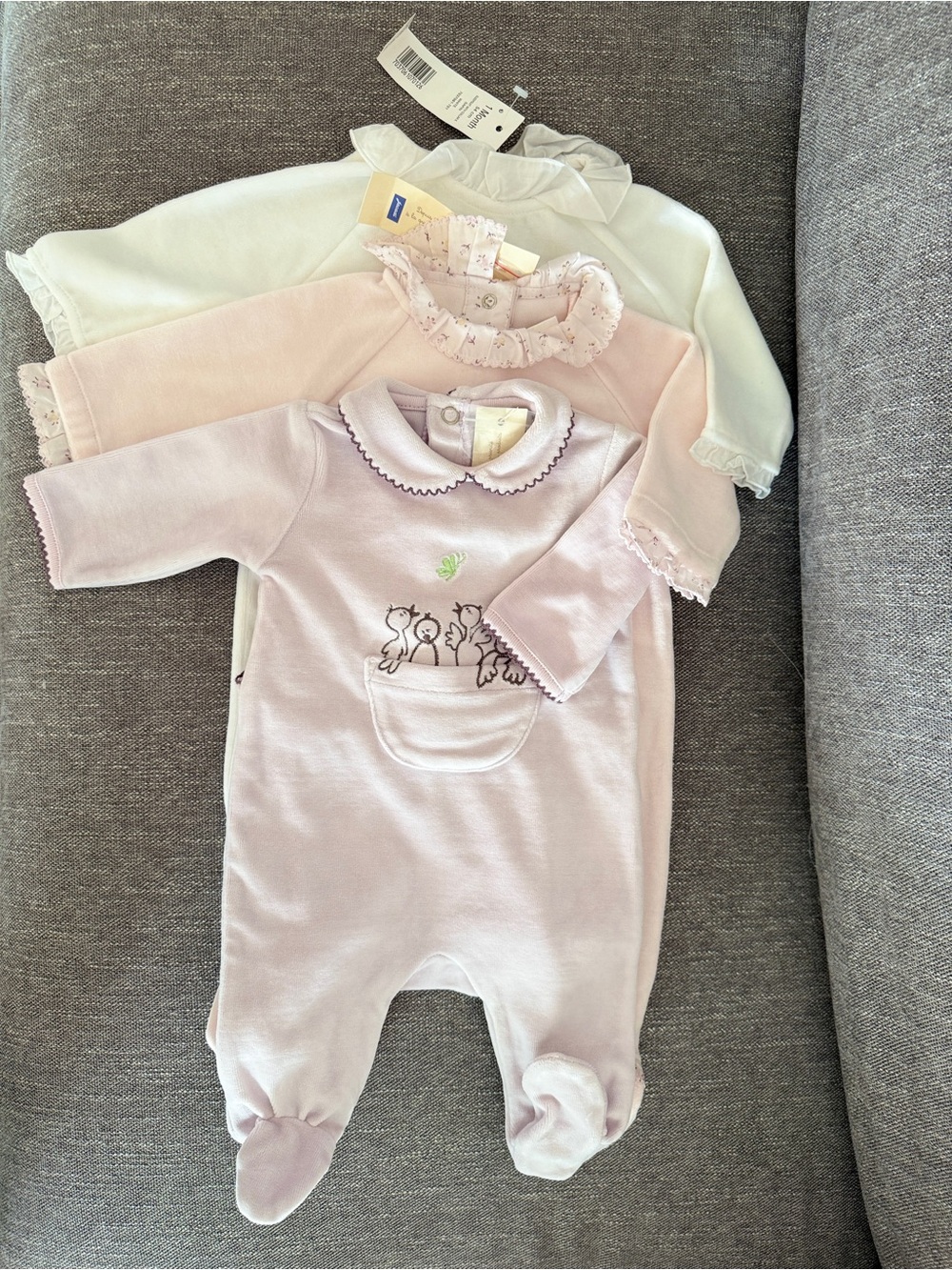 Jacadi Three-Pack Footed One-Pieces — Lavender, White & Pale Pink